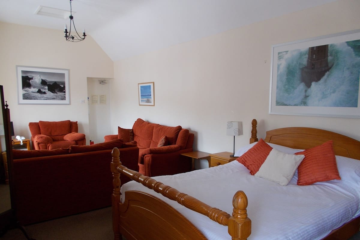 A bedroom with a wooden bed, two red sofas, a wooden nightstand, and a chandelier.