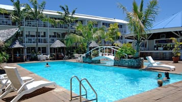 Outdoor pool, pool umbrellas, pool loungers