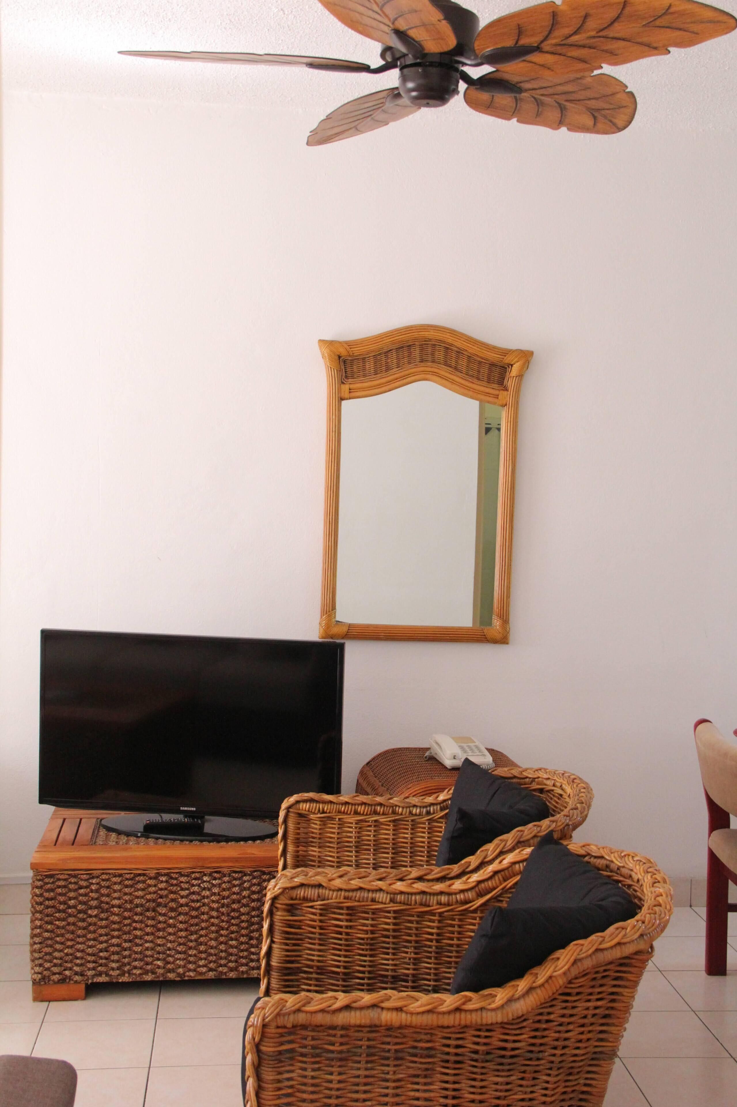 A living room with a television, wicker furniture, a ceiling fan, and a mirror.