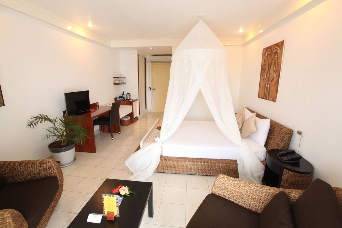 A room with a bed, a TV, a desk, a chair, a coffee table, and a potted plant.