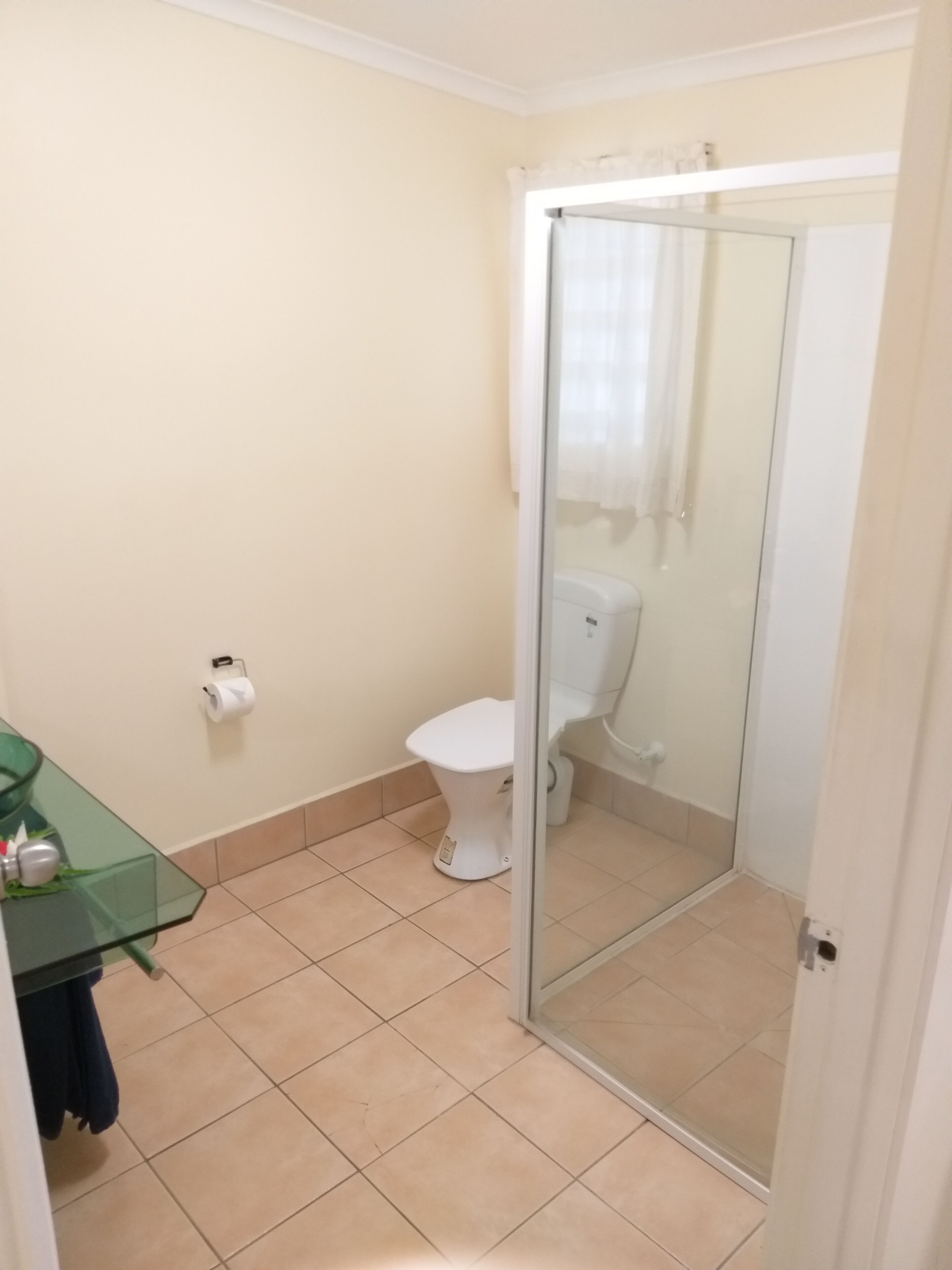 Un baño con cabina de ducha de vidrio, inodoro y lavamanos de vidrio.