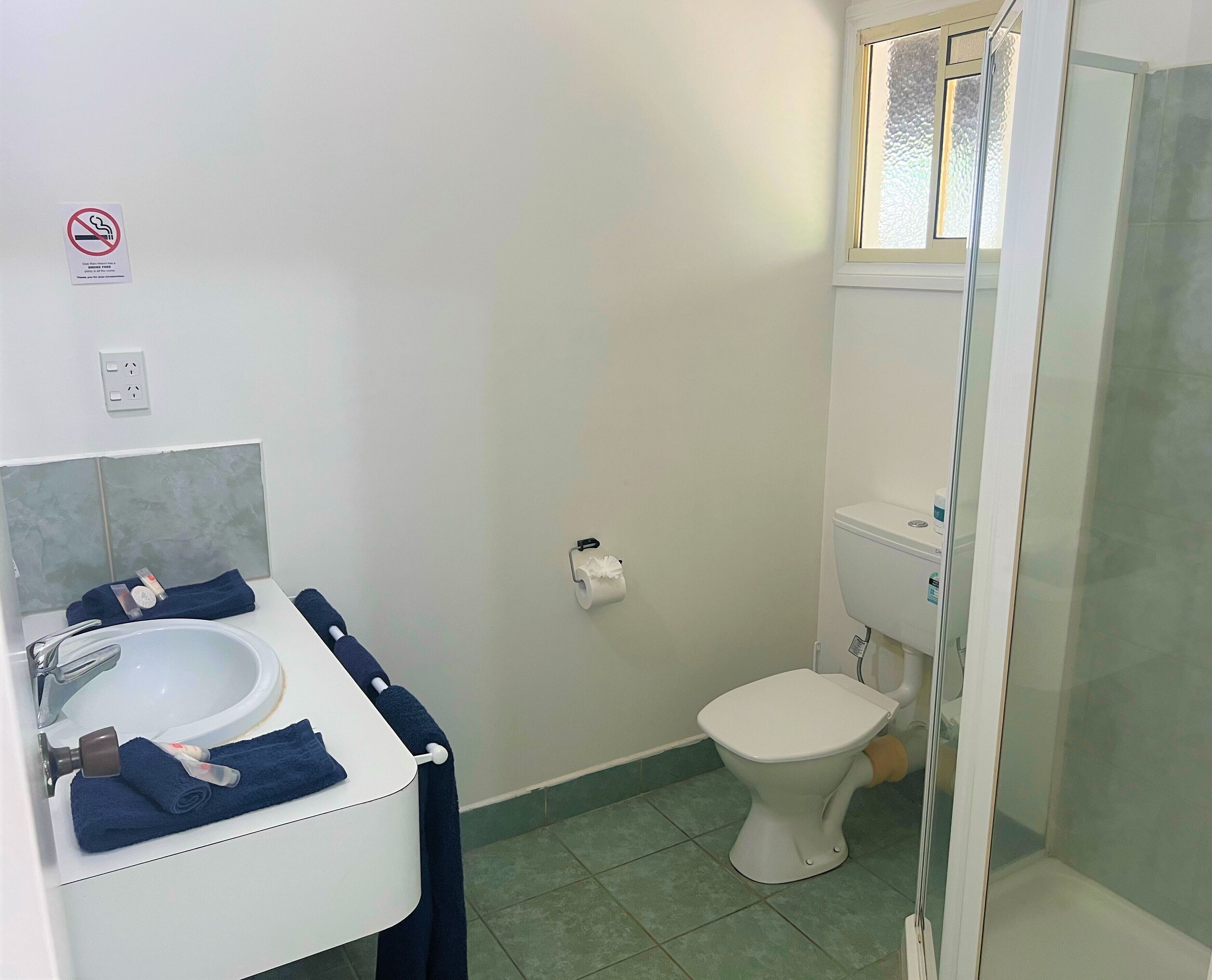 A bathroom with a white sink, a toilet, and a shower area.