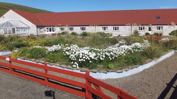 A building with a red roof, a white exterior, and a garden with white flowers. - Orkneylodge (Orphir)