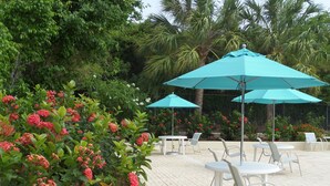 An outdoor seating area with tables and chairs under blue umbrellas, surrounded by lush greenery and flowering plants. - Crystal Cove Villas (St. Thomas)