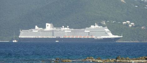 A large cruise ship with multiple decks and a visible logo, sailing in a body of water with a mountainous coastline in the background.