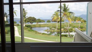 A view from a room with a large window overlooking a landscaped area with palm trees, a pond, and a distant view of the ocean. - Crystal Cove Villas (St. Thomas)