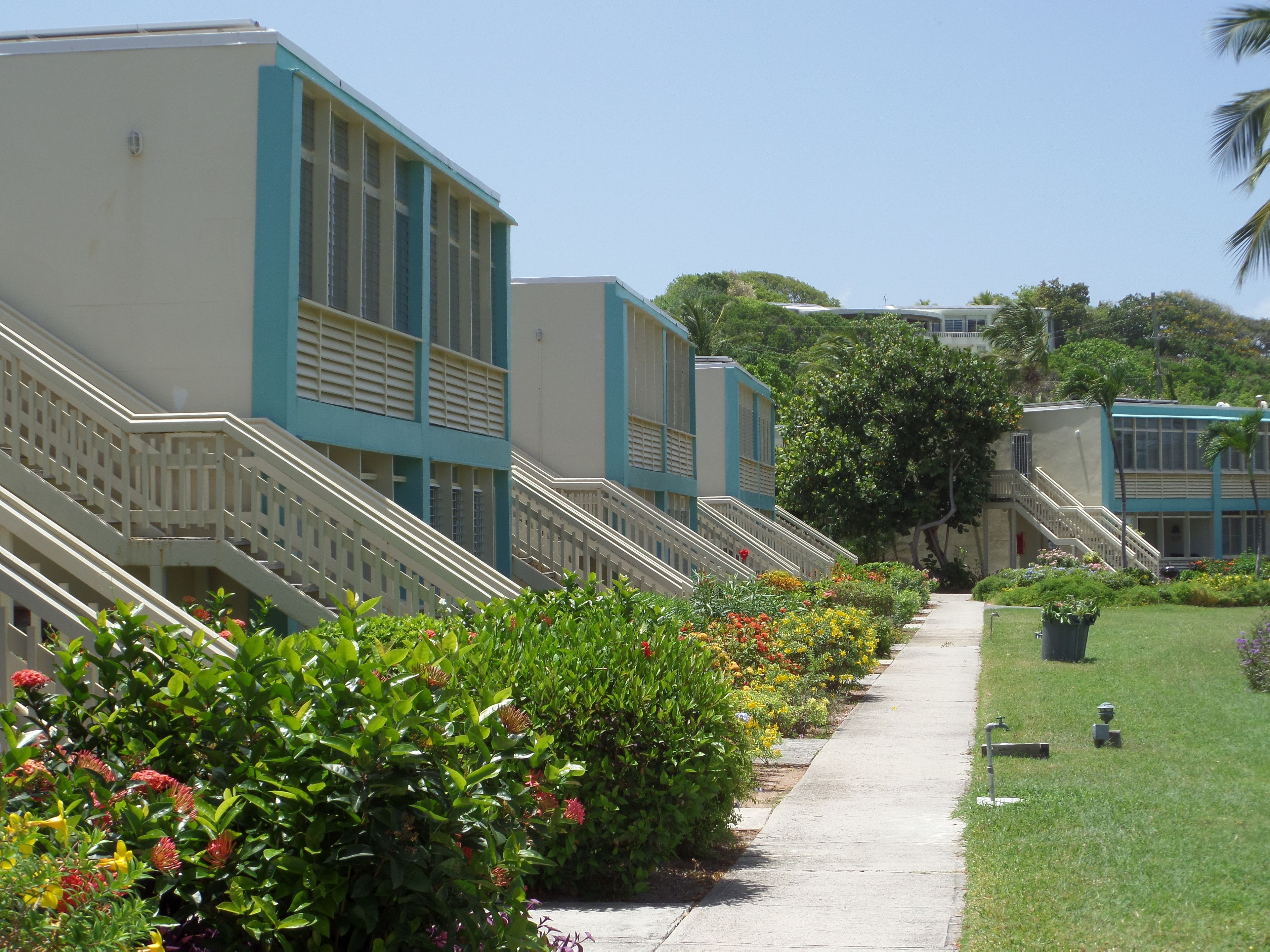 A row of hotel buildings with multiple floors and balconies, a pathway lined with colorful flowers, and a grassy area with a trash bin.