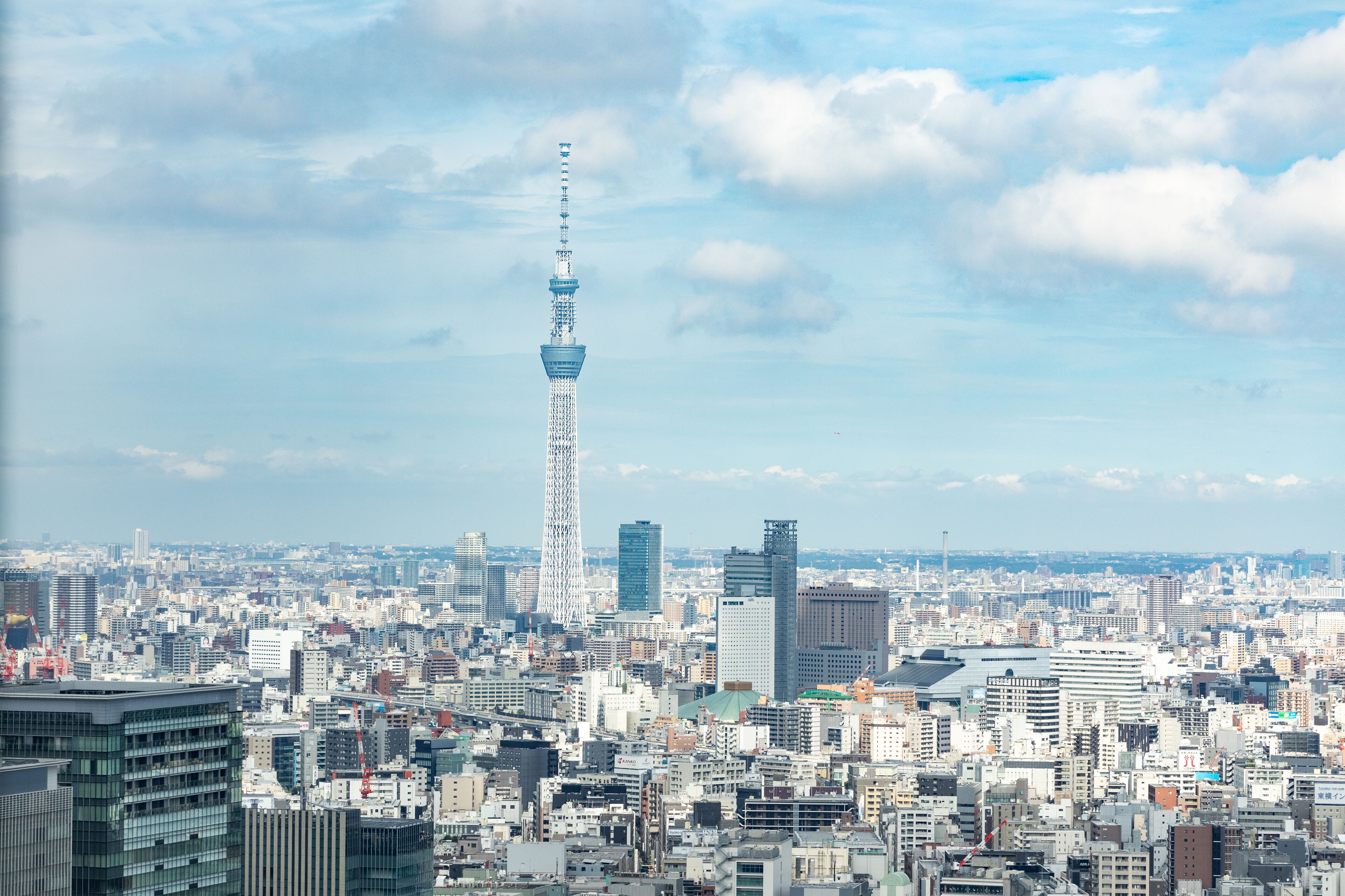 A cityscape with a prominent tower in the center.
