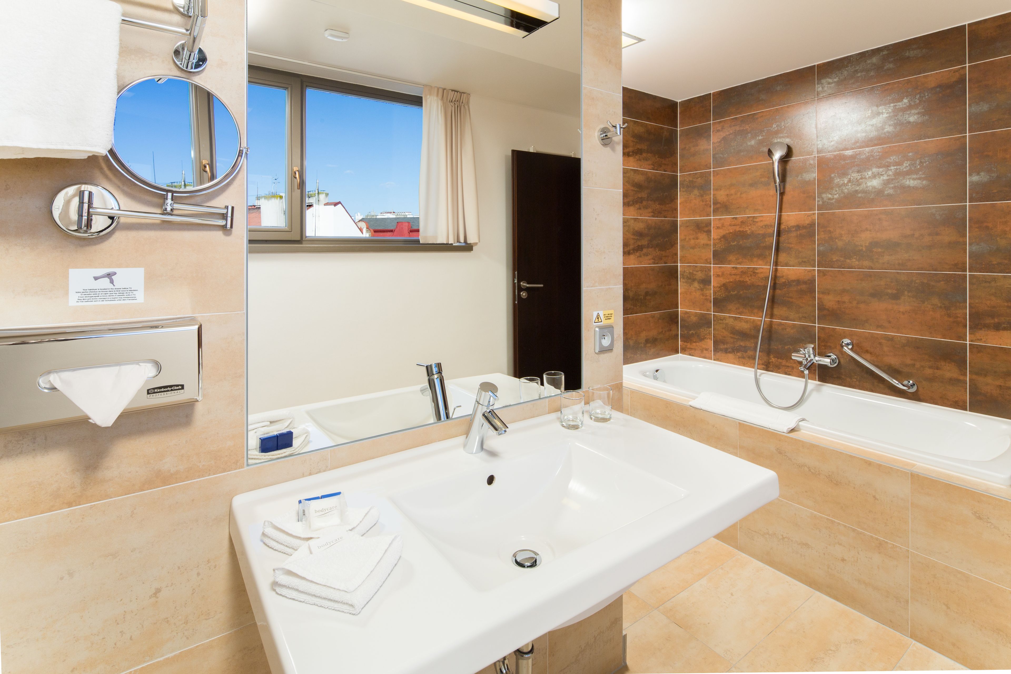 free toiletries, hair dryer, bathrobes, towels