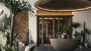 Eine moderne Lobby mit einem großen Blumentopf, einer Holzwand und einer Glastür zum Innenbereich.