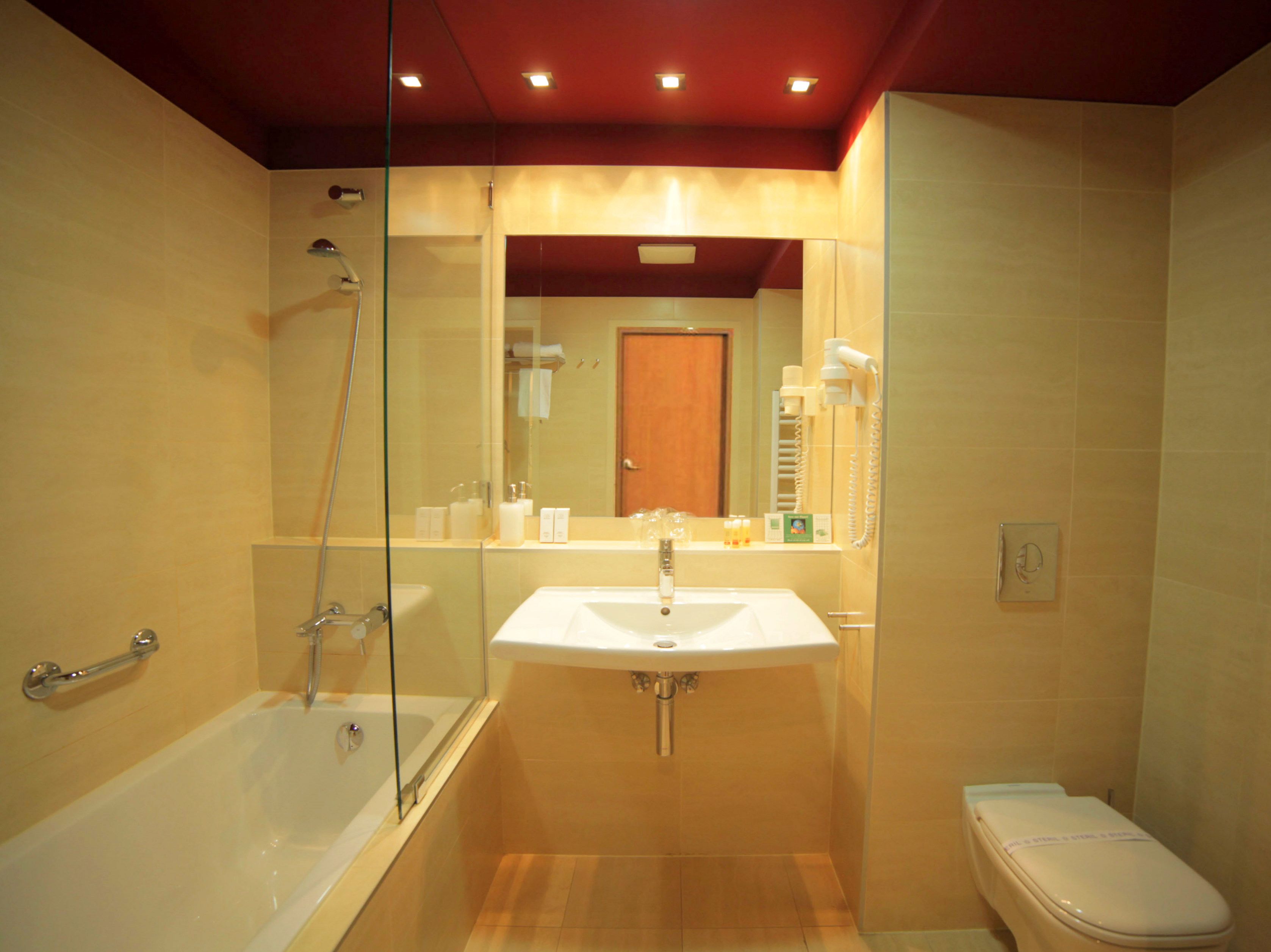 combined shower/bathtub, hydromassage showerhead, free toiletries