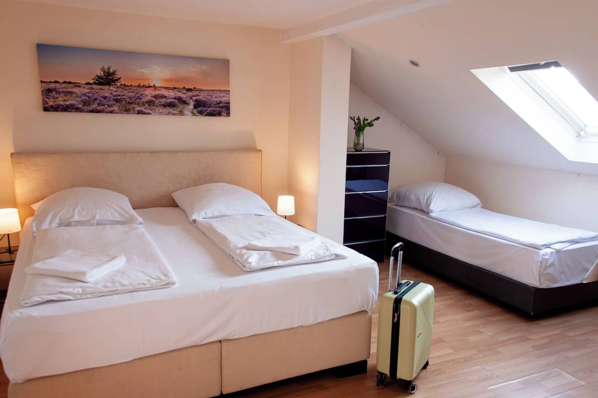 A room with two beds, a skylight, a painting, and a suitcase.