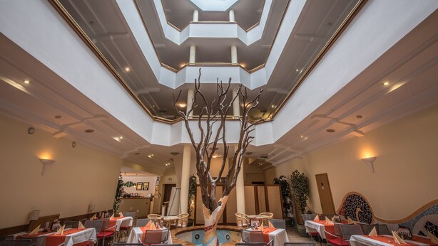 Vestíbulo de hotel con un atrio central, varias zonas de estar y una planta decorativa.