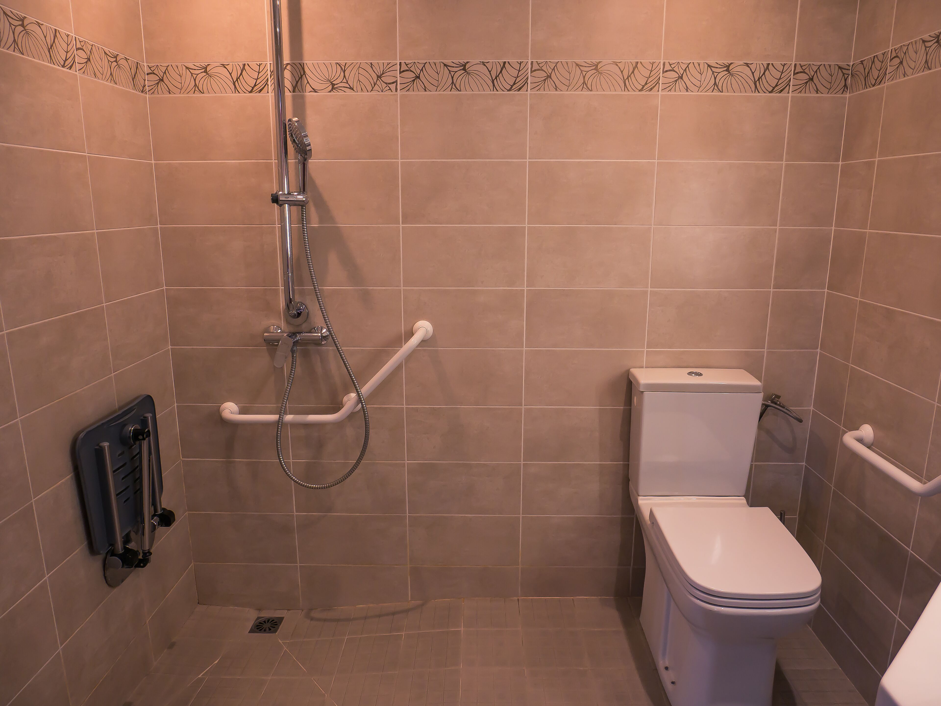 A bathroom with a shower, toilet, and grab bars.