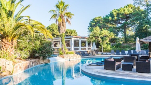 Un área de piscina con sillones de descanso y sombrillas, rodeada de palmeras y un edificio con porche cubierto.