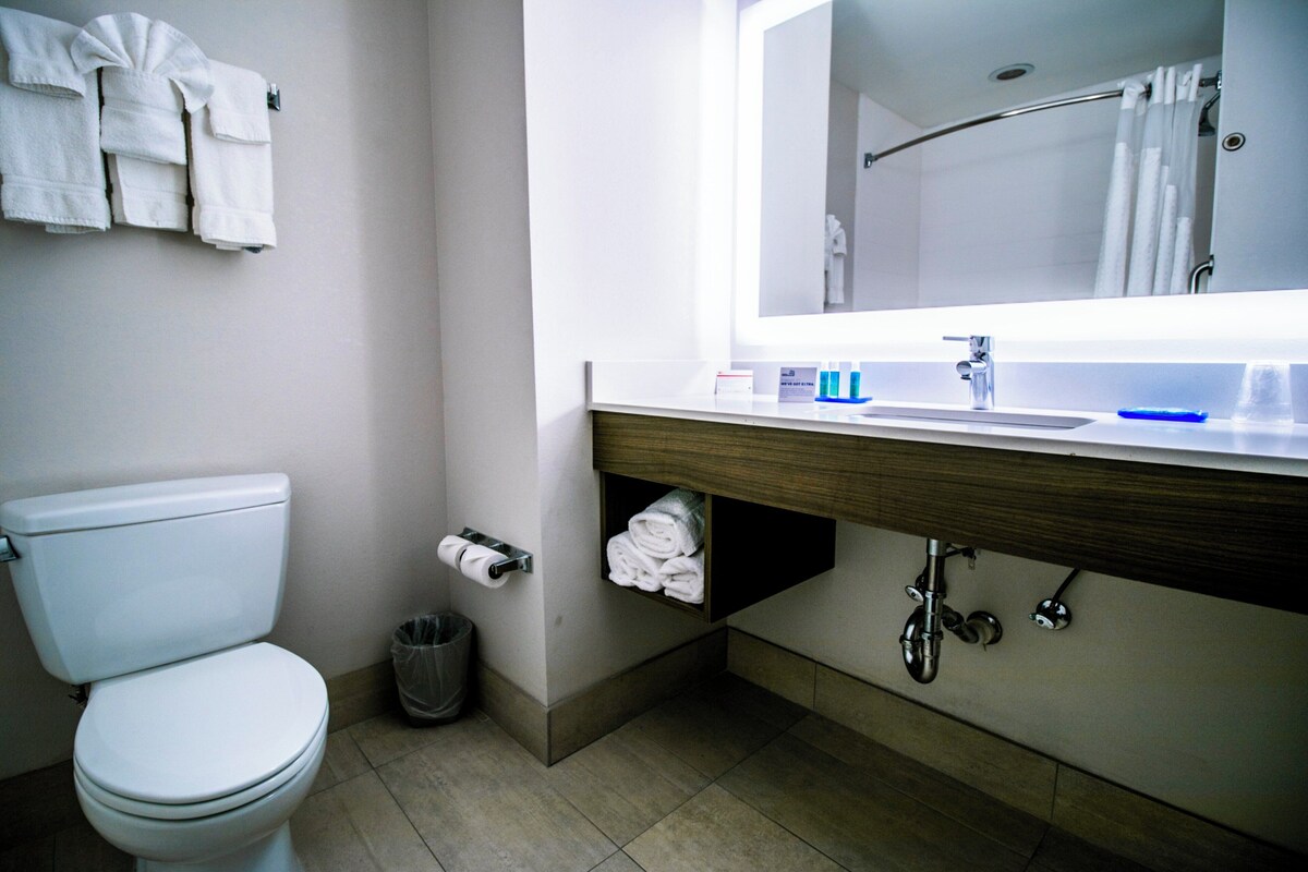 A modern bathroom with a toilet, a sink, a mirror, and a towel rack.