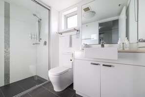 Shower, free toiletries, hair dryer, towels