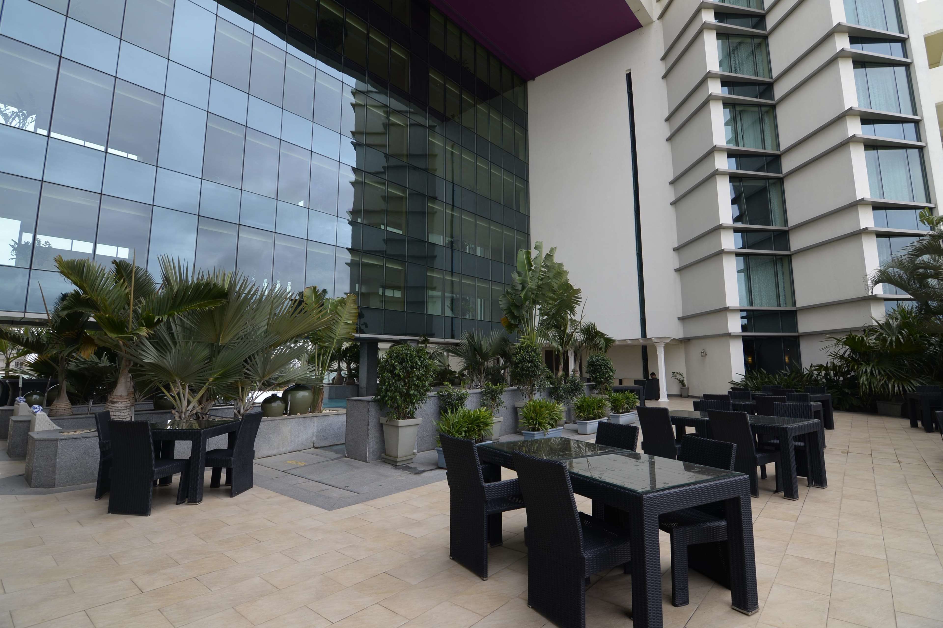 Un patio exterior con mesas y sillas, rodeado de plantas en macetas y un edificio moderno con ventanas de vidrio reflectante.