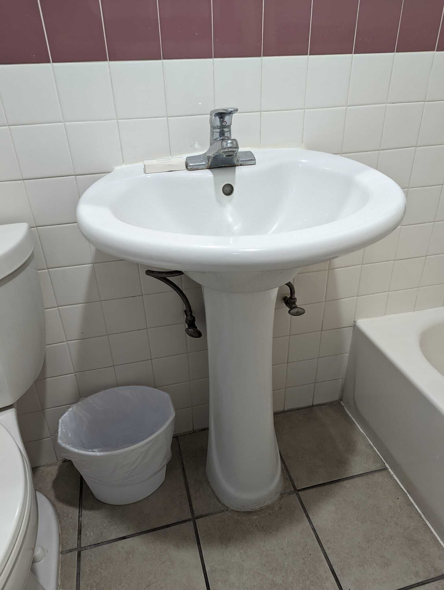 Een badkamer met een wit wastafeltje op voet, twee kraan, een wit toilet, een witte prullenbak en een bad.