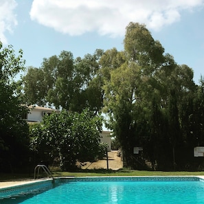 Seasonal outdoor pool, open 10:00 AM to 8:00 PM, pool umbrellas