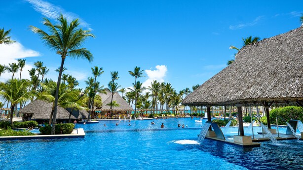 A resort pool with palm trees, thatched-roof huts, and lounge chairs. - Barceló Bávaro Palace - All Inclusive (Punta Cana)