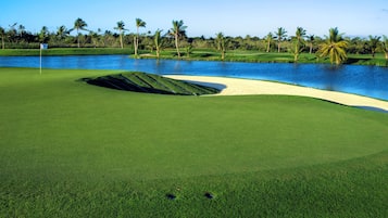 A golf course with a water hazard, sand bunkers, and palm trees.