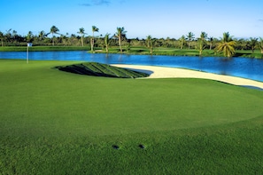 A golf course with a water hazard, sand bunkers, and palm trees.