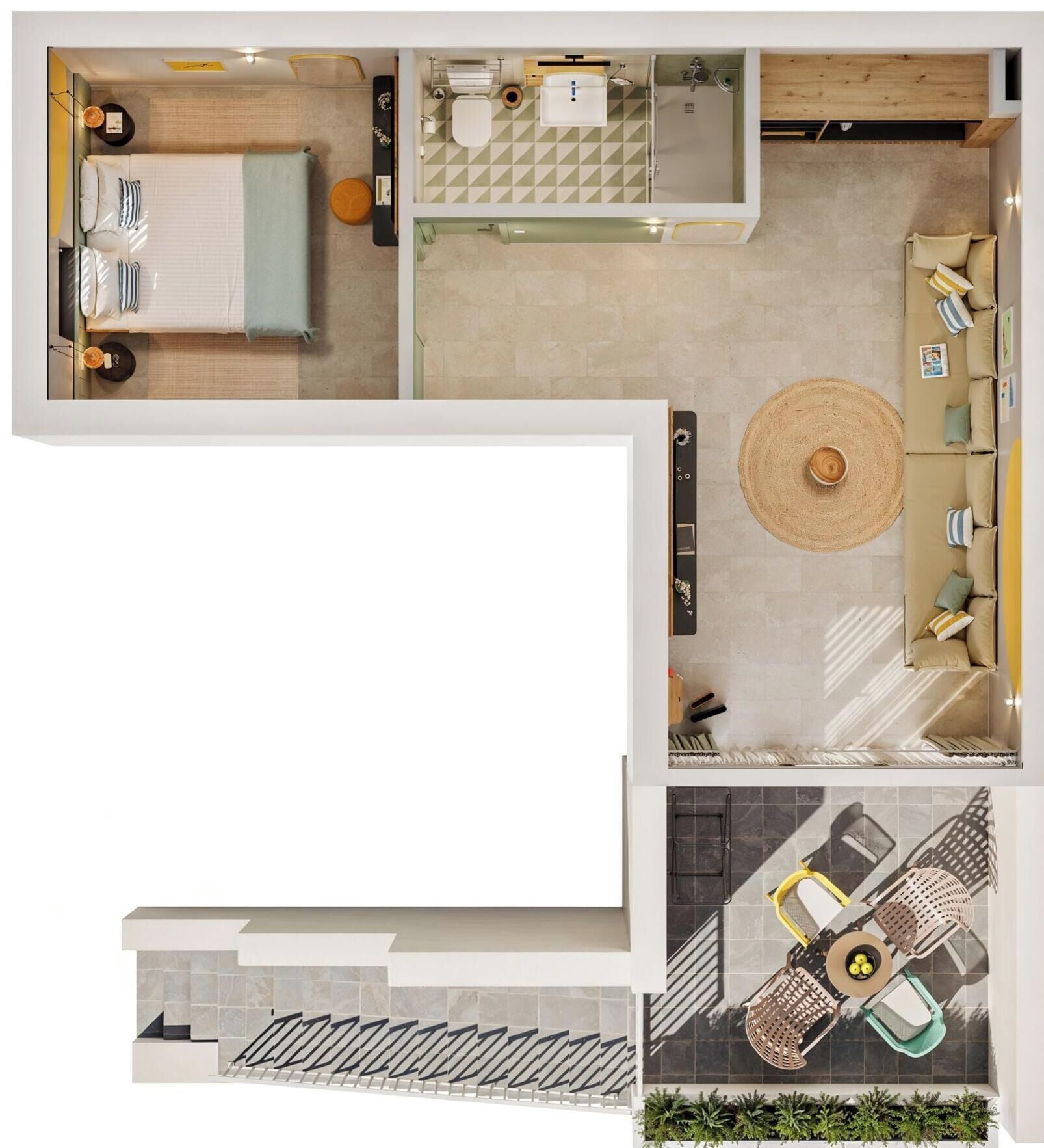 A hotel room layout with a bed, seating area, bathroom, and a view of the outdoor seating area.