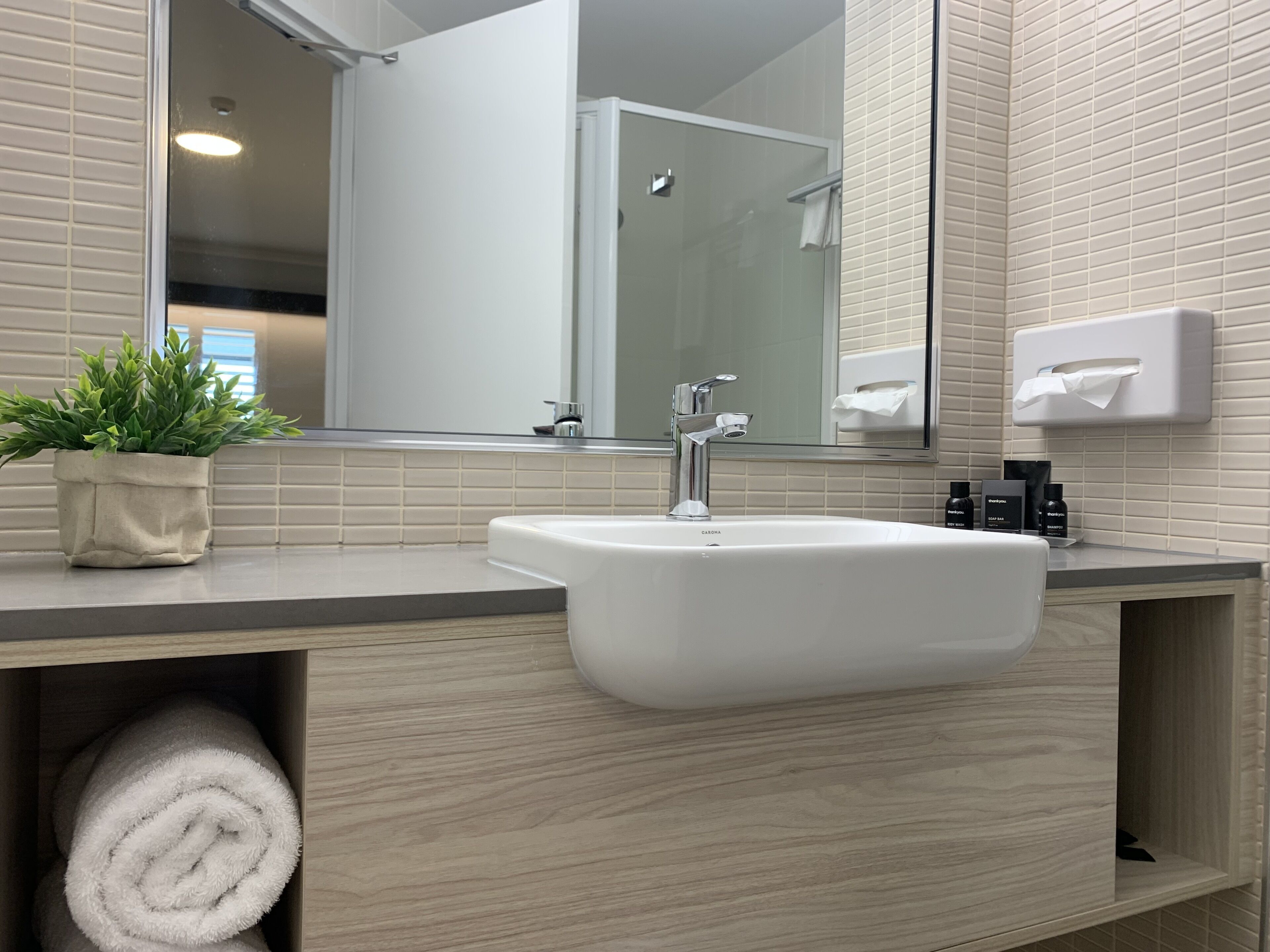 Shower, free toiletries, hair dryer, towels