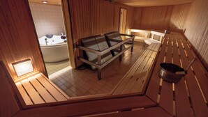 Une salle de sauna en bois, équipée d’un banc, d’une table et d’une baignoire.