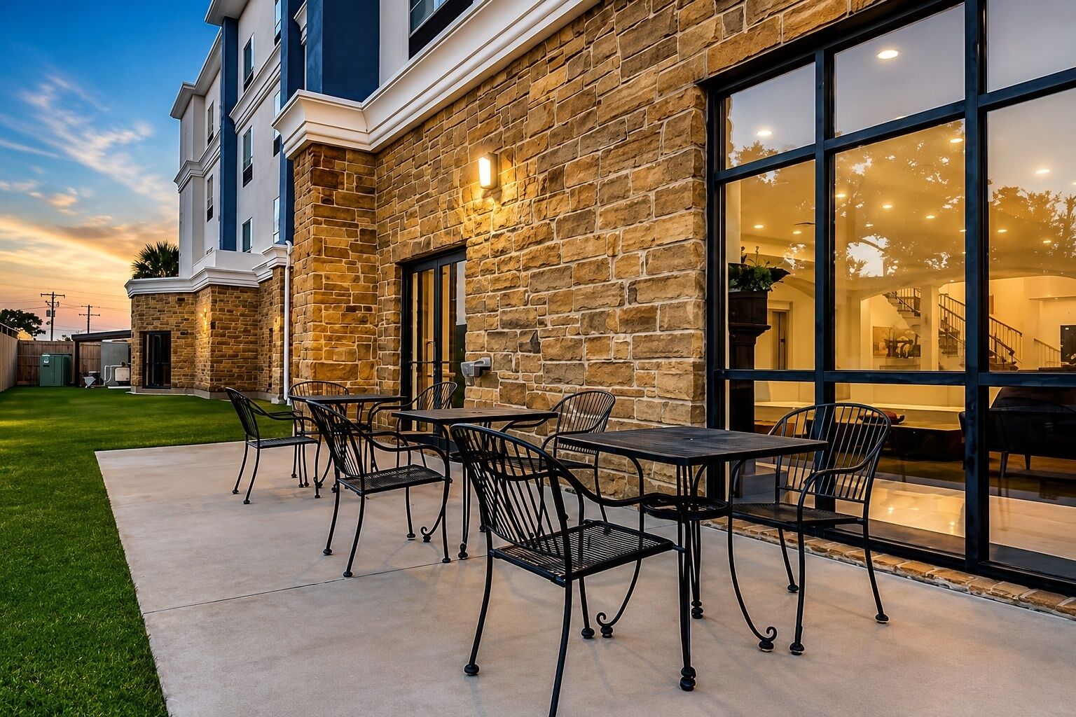 A building with a stone facade, large windows, and outdoor seating with metal chairs and tables.