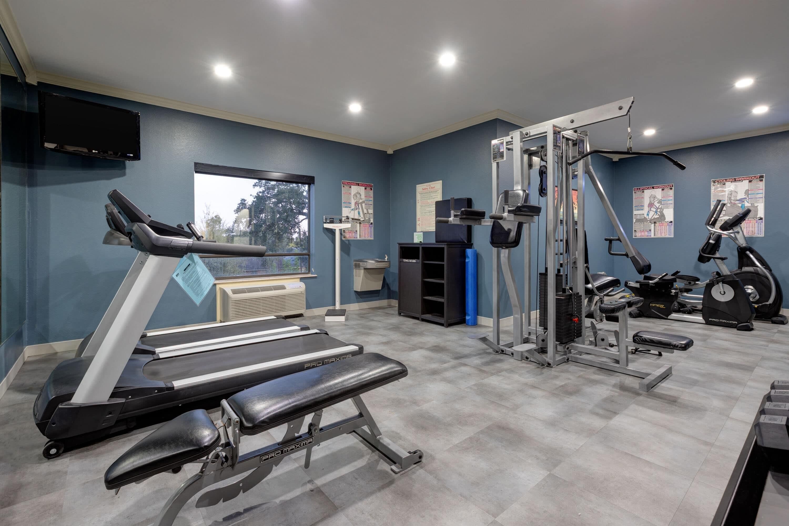 Un gimnasio con cinta de correr, banco de pesas y diversas máquinas de ejercicio.