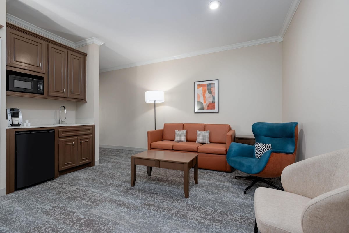 Een knus woongedeelte met een kitchenette, een bank, een bijzettafeltje en een blauwe fauteuil.