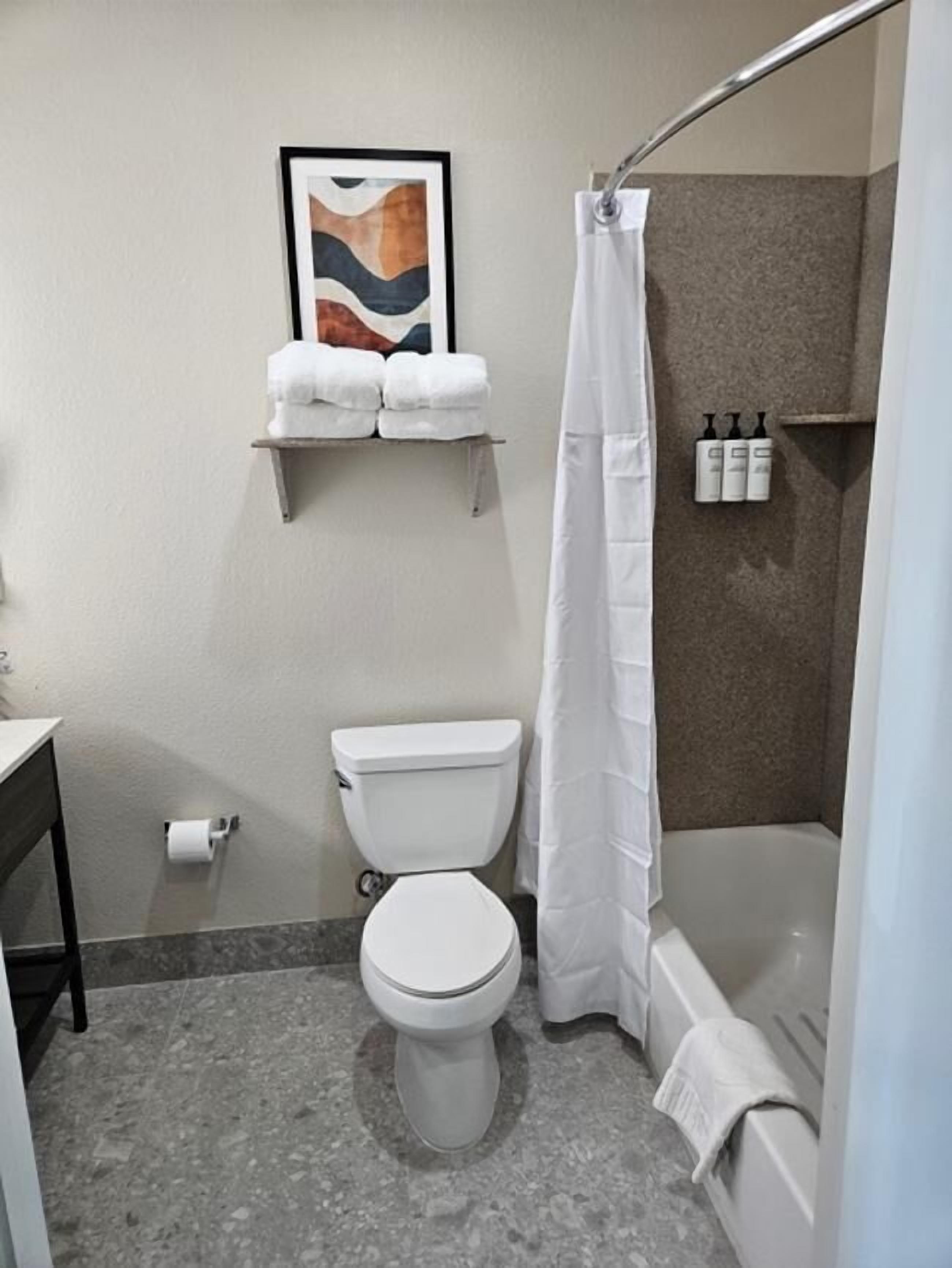 combined shower/bathtub, designer toiletries, hair dryer, towels