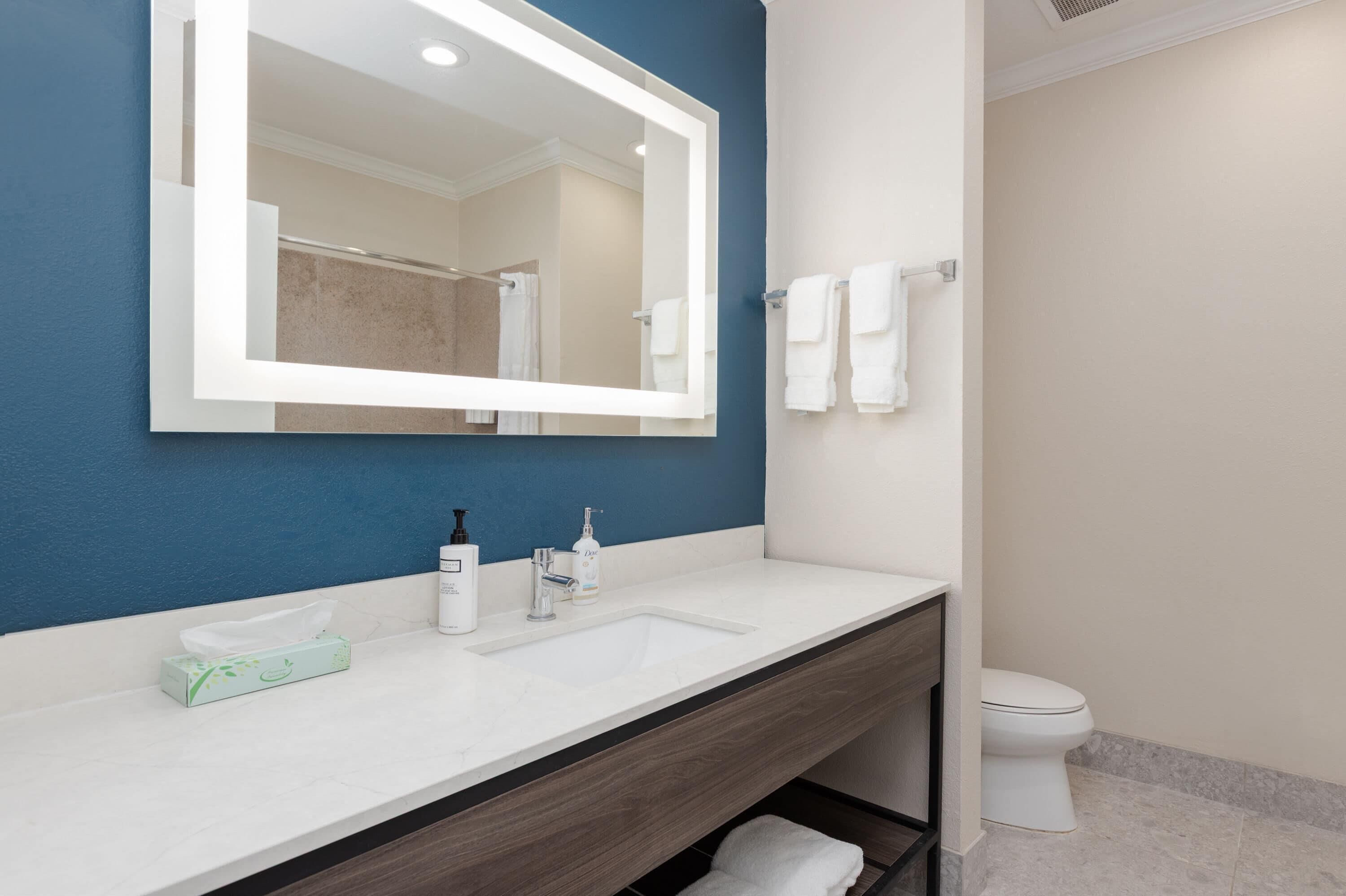 A modern bathroom with a white sink, a large mirror, and a toilet.