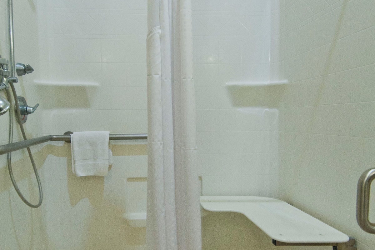 combined shower/bathtub, designer toiletries, hair dryer, towels