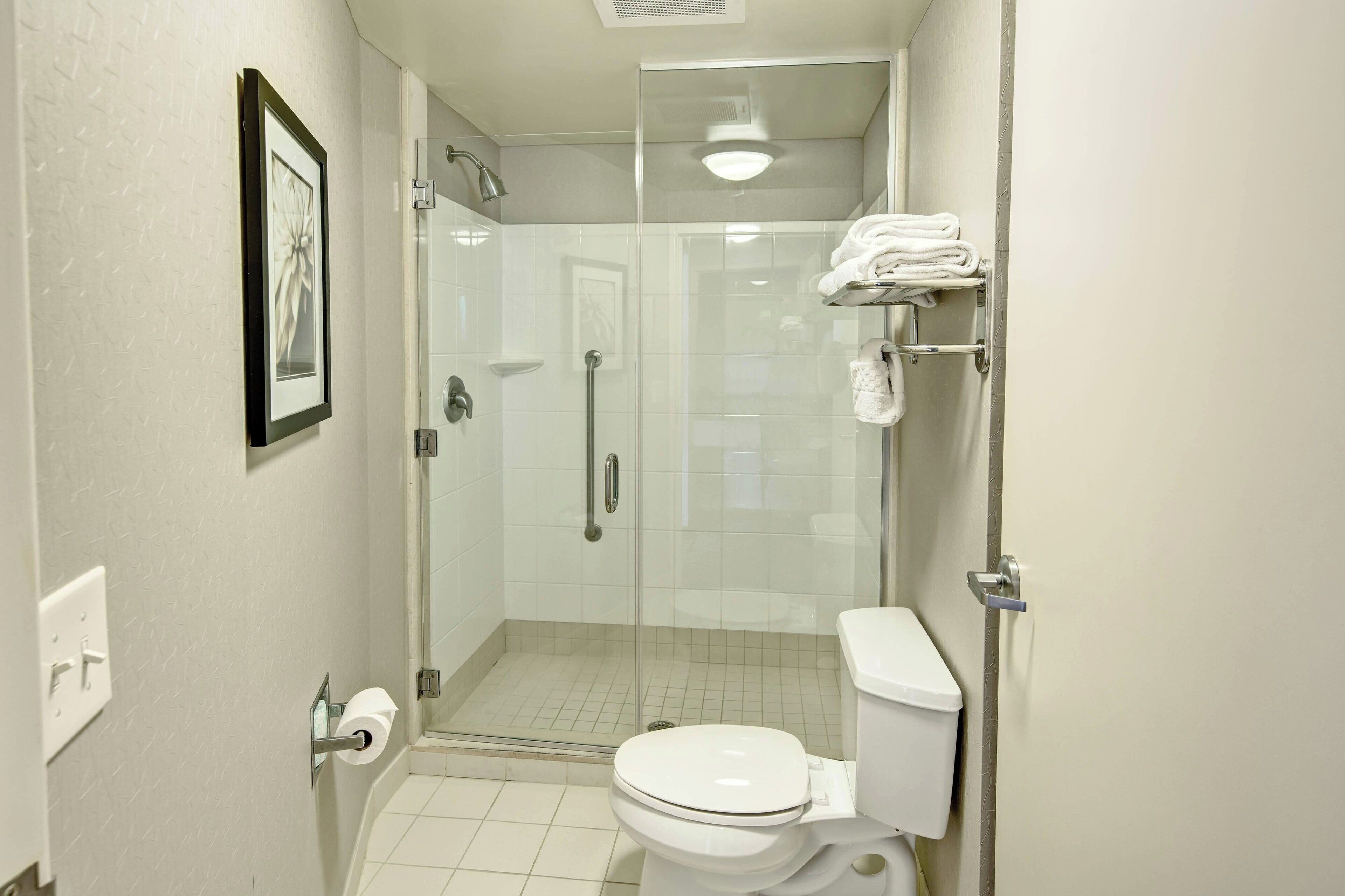 combined shower/bathtub, free toiletries, hair dryer, towels