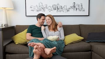 42-inch flat-screen TV with cable channels, TV, pay movies