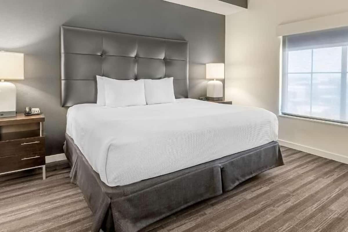 Une chambre d’hôtel avec un grand lit, deux tables de chevet avec des lampes, une fenêtre donnant sur un beau paysage et une tête de lit de couleur sombre.