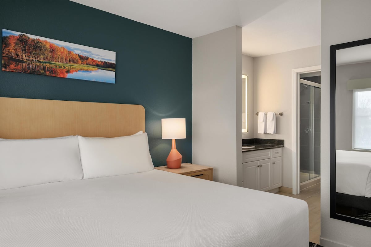 Une chambre d’hôtel comprenant un lit, une table de chevet avec une lampe, un tableau représentant un paysage, une salle de bain avec douche et un miroir.