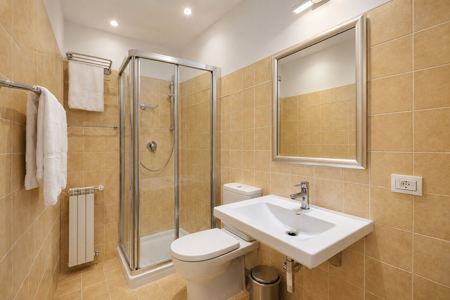 Une salle de bain moderne avec une douche à parois de verre, un lavabo blanc et des toilettes.