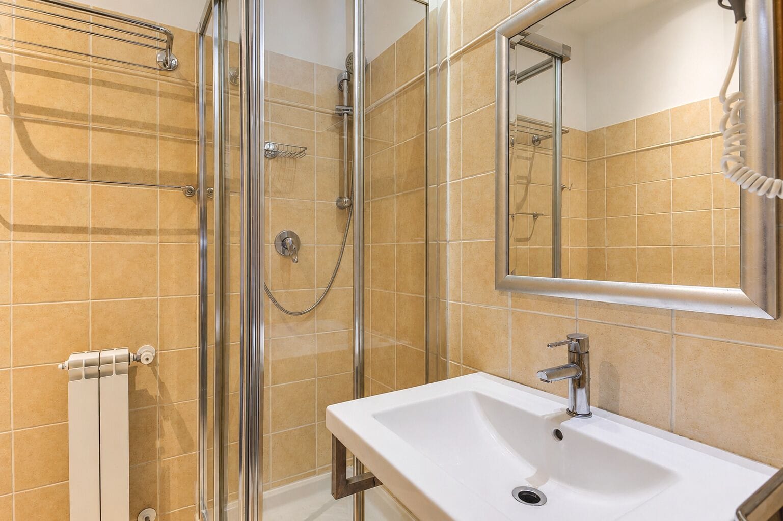 A modern bathroom with a glass shower enclosure, a white sink, and a mirror.