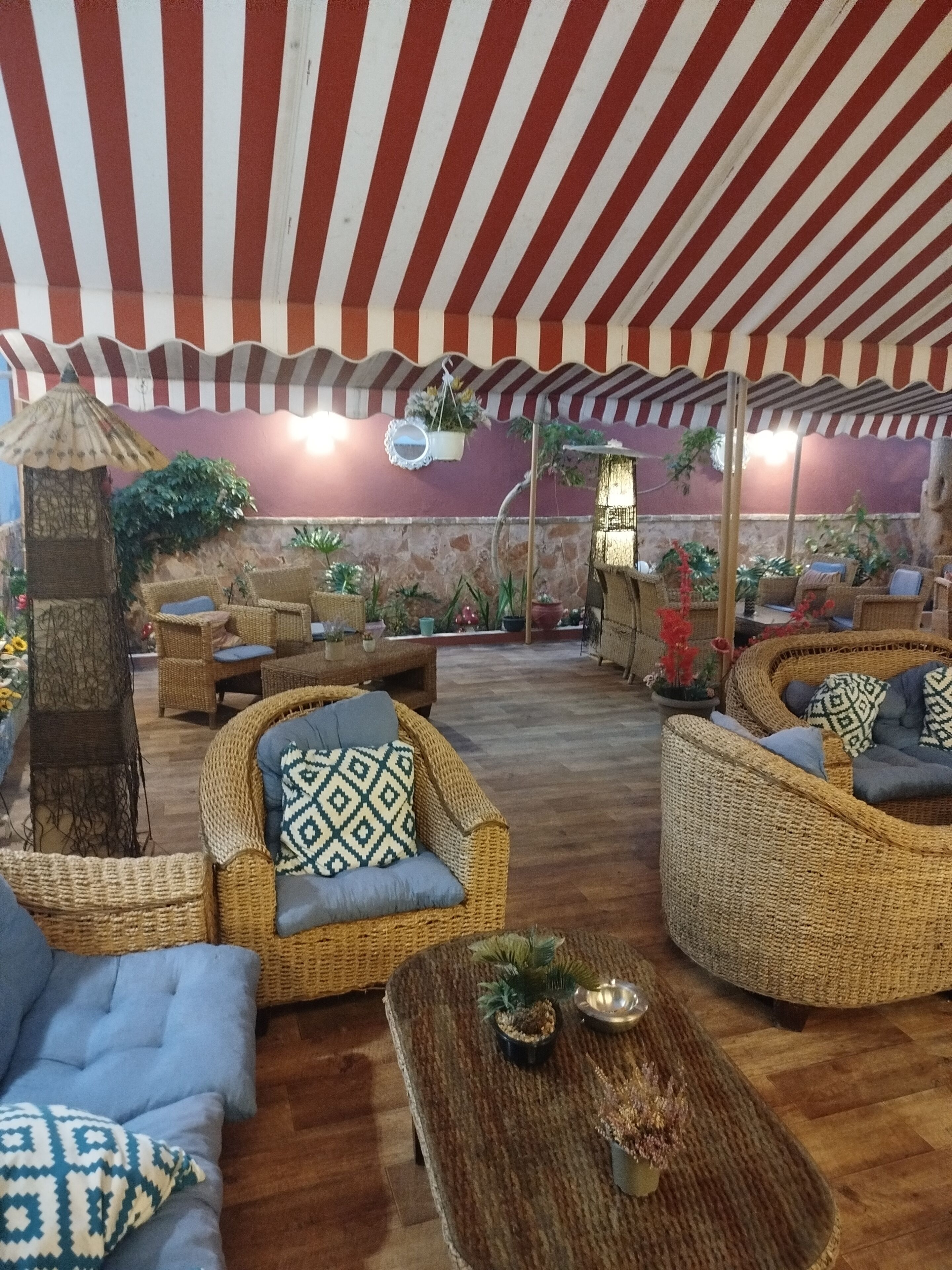 Un espace extérieur aménagé, abrité et doté de mobilier en osier et de plantes en pot.