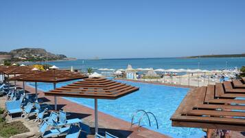 Outdoor pool, pool umbrellas, sun loungers