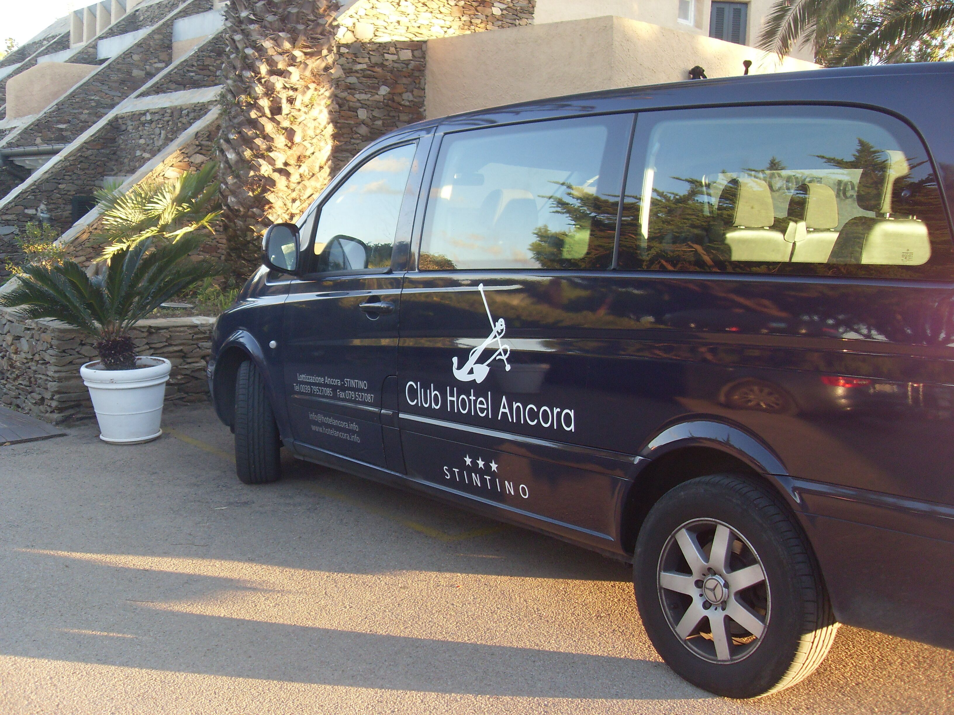 A black van parked next to a stone wall with a potted plant.