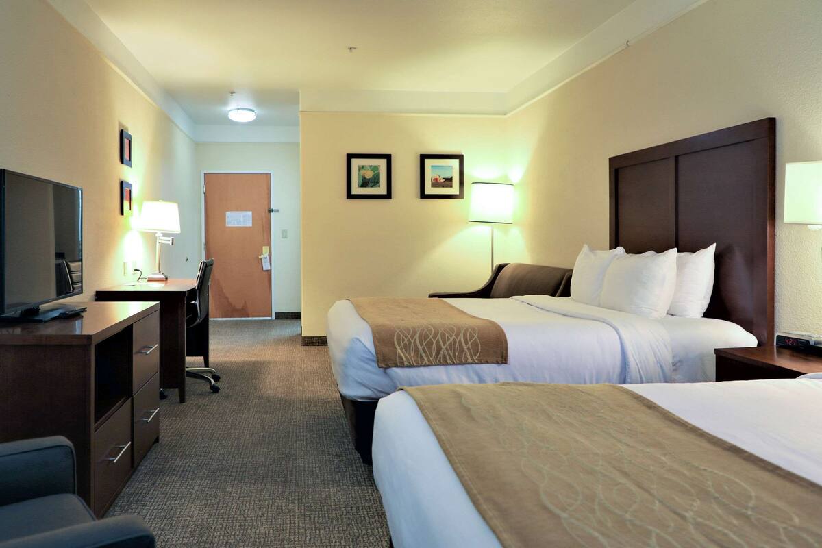 A hotel room with two beds, a desk with a chair, a television, and two lamps.