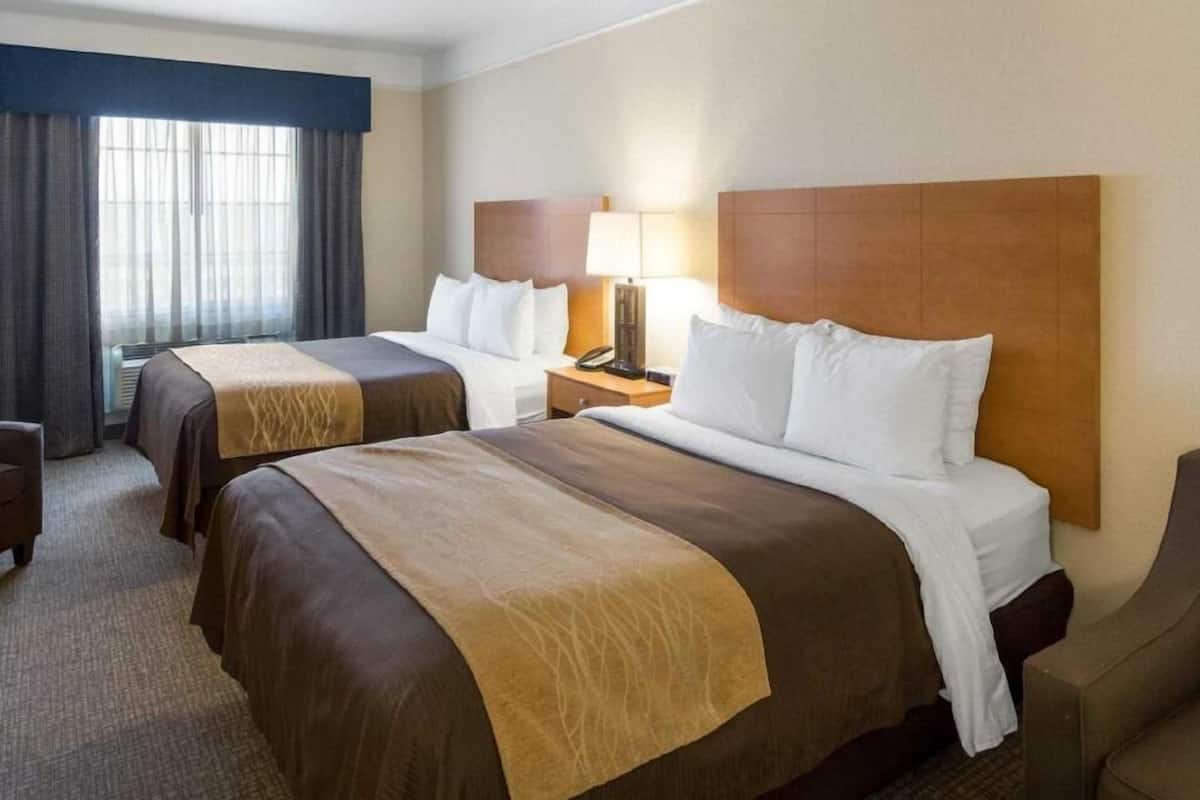 A hotel room with two beds, a nightstand with a lamp, a desk, and a chair.
