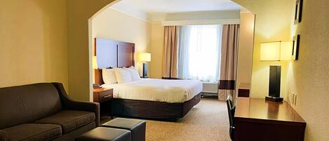 Desk, laptop workspace, blackout drapes, iron/ironing board