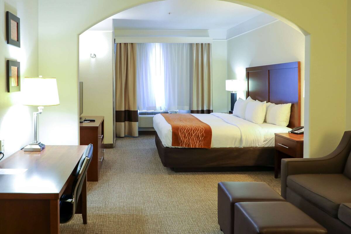 A hotel room with a bed, a desk, a chair, a sofa, and a lamp.