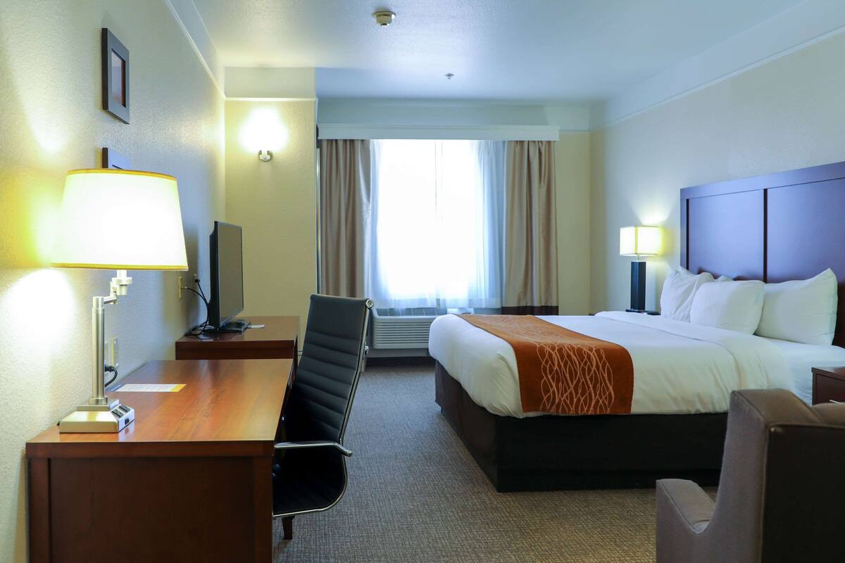 A hotel room with a bed, desk, chair, television, and a window with curtains.